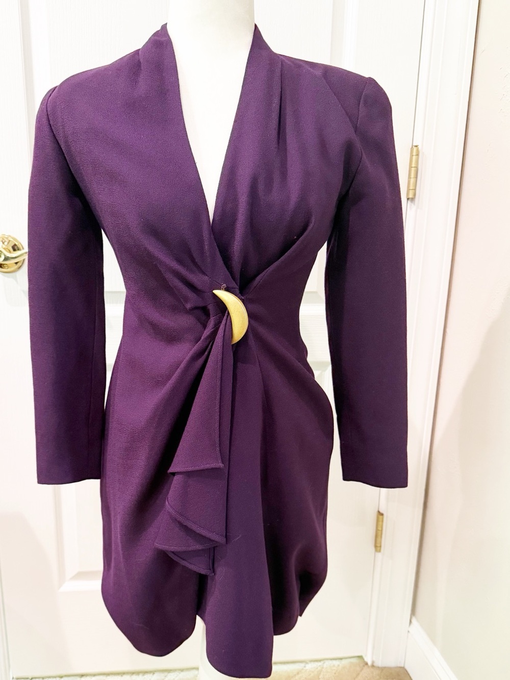 Vintage Jones of New York 100% Wool Deep Purple Wrap Dress with Gold Accent